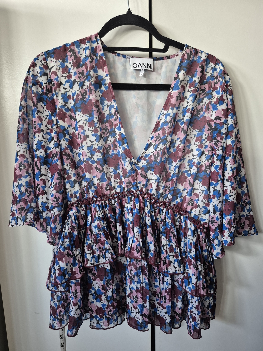 Ganni Floral Georgette Tiered V-Neck Blouse - Multicolor